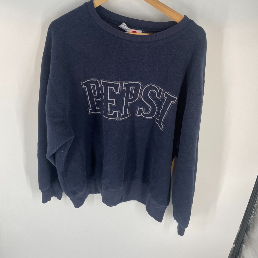 Vintage 90s Pepsi Embroidered Crew Neck Fleece Pullover Sweatshirt Navy Blue L